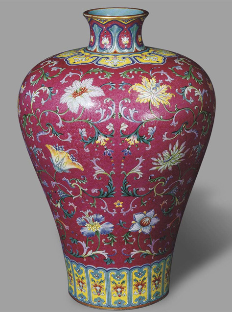 A magnificent and highly important ruby-ground famille-rose porcelain vase