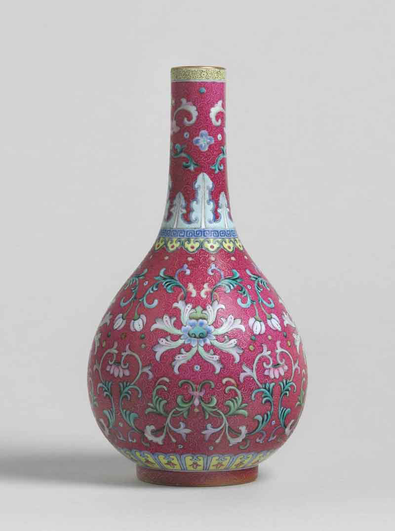 Famille Rose Ruby Ground Porcelain Vase