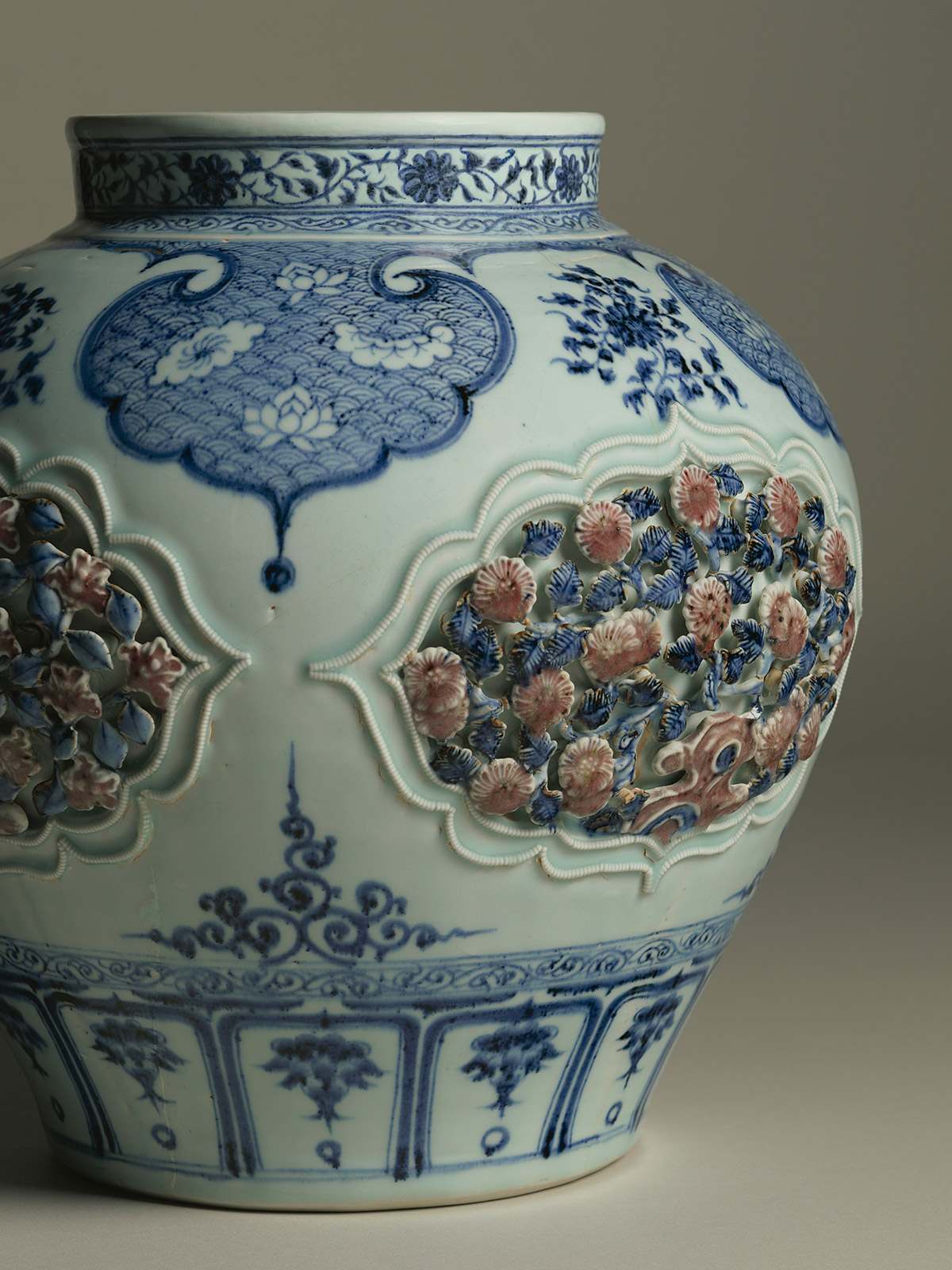 2. Large underglaze blue and copper red porcelain jar (guan)