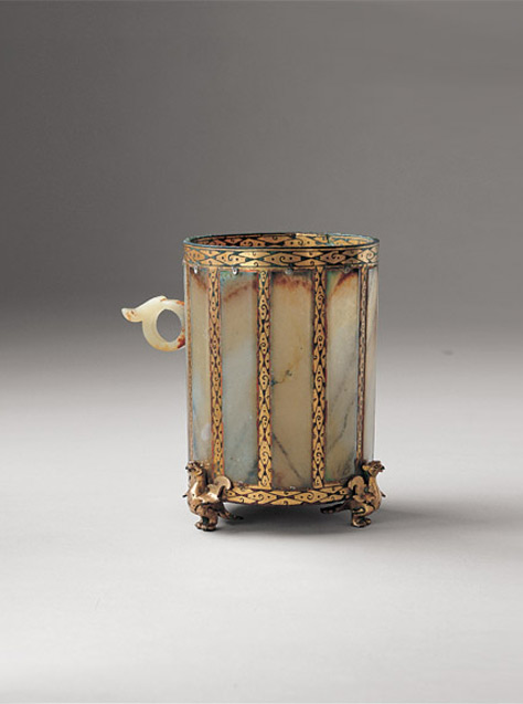 Bronze, gold and jade cup