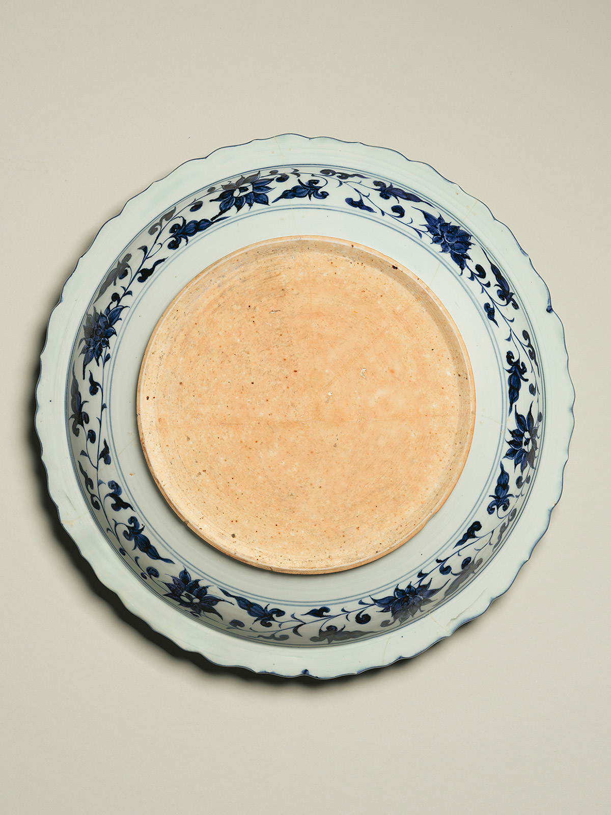 1. Large underglaze blue porcelain dish with painted and moulded decoration