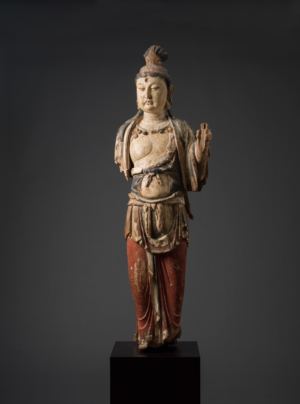 Pair of polychrome and gilt wood bodhisattvas