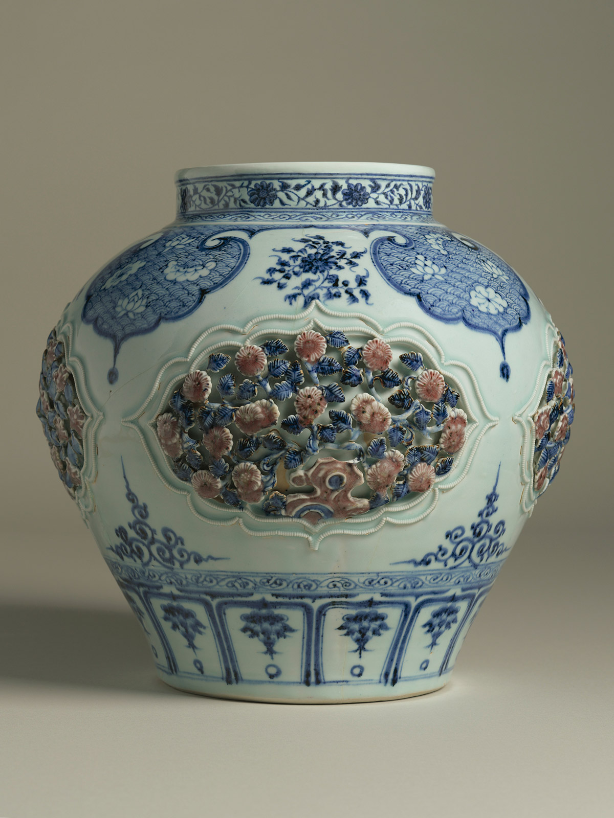 2. Large underglaze blue and copper red porcelain jar (guan)