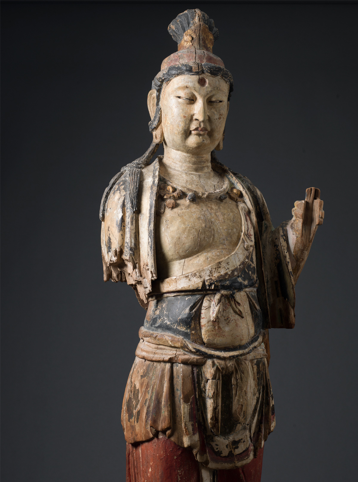 Pair of polychrome and gilt wood bodhisattvas