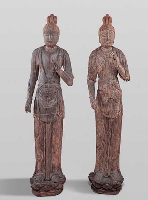 Pair of wood figures of standing Bodhisattvas